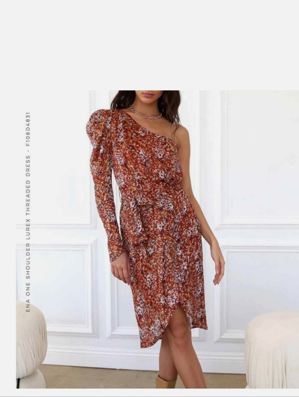 Adelyn Rae One-Shoulder Floral Dress in Rust Multi